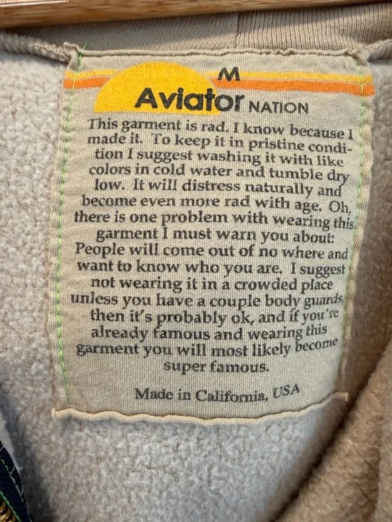 Aviator Nation Khaki Zip-Up Hoodie with Pink, Orange, Yellow & Green Stripes - Picture 4 of 6